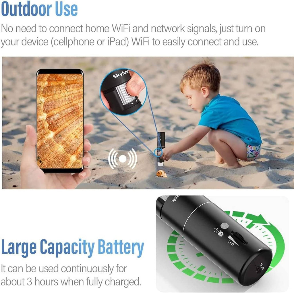 Skybasic wireless digital microscope with Wi-Fi, black handheld body aimed at a phone screen