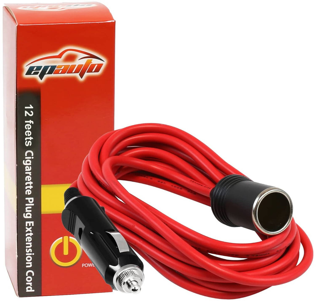 Red 12V car extension cord with cigarette lighter plug and black connector, 12 ft
