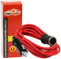 Red 12V car extension cord with cigarette lighter plug and black connector, 12 ft
