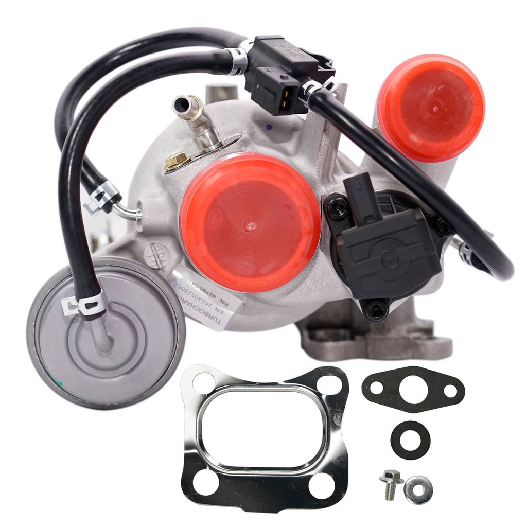 Turbocharger assembly with silver housing, red caps, and black electrical connector