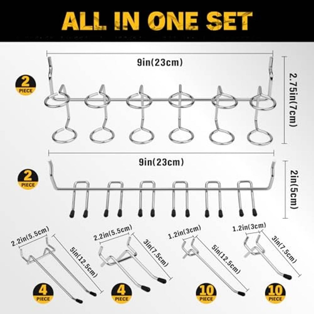 Pegboard hook set diagram with multiple U-shaped hooks and length measurements