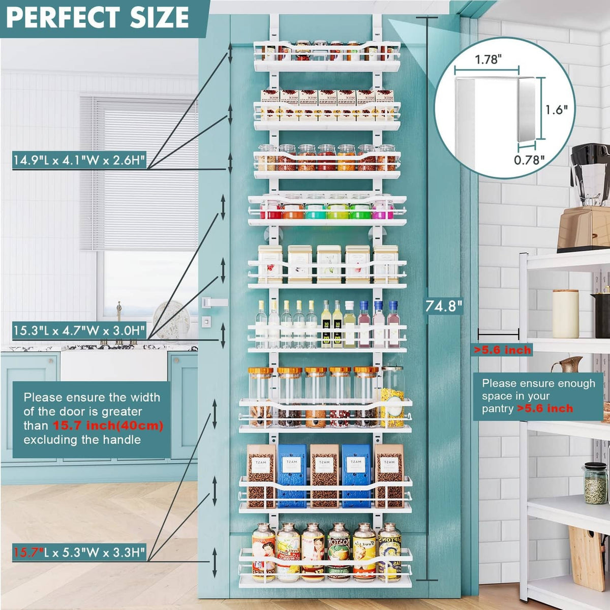 White 9-tier over-the-door pantry organizer with open shelves for jars and bottles