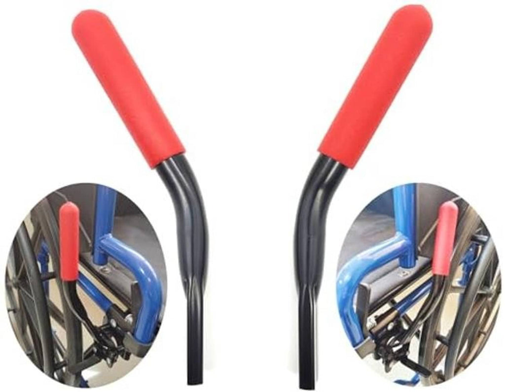 Wheelchair brake handle extensions with red grips and curved black arms