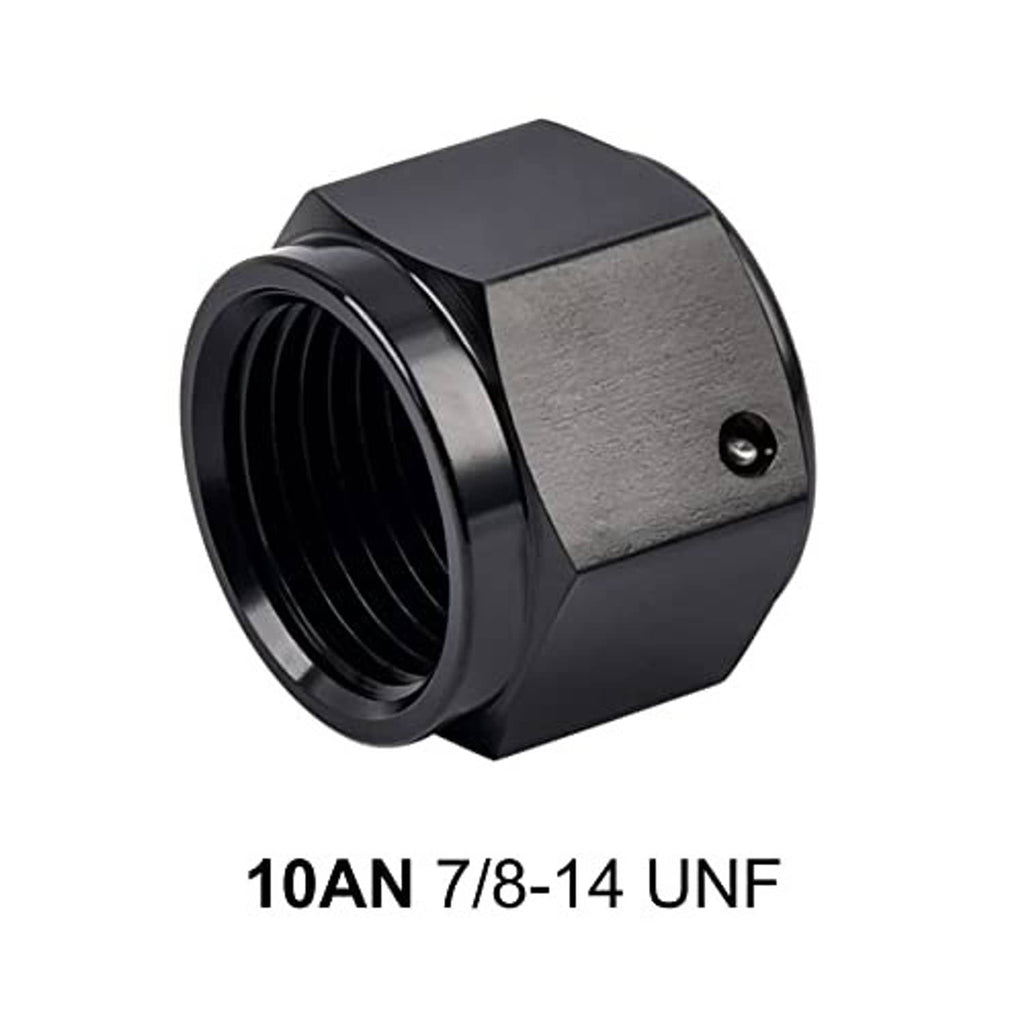 Black 10AN flare cap block-off plug, 7/8-14 UNF thread, hex body