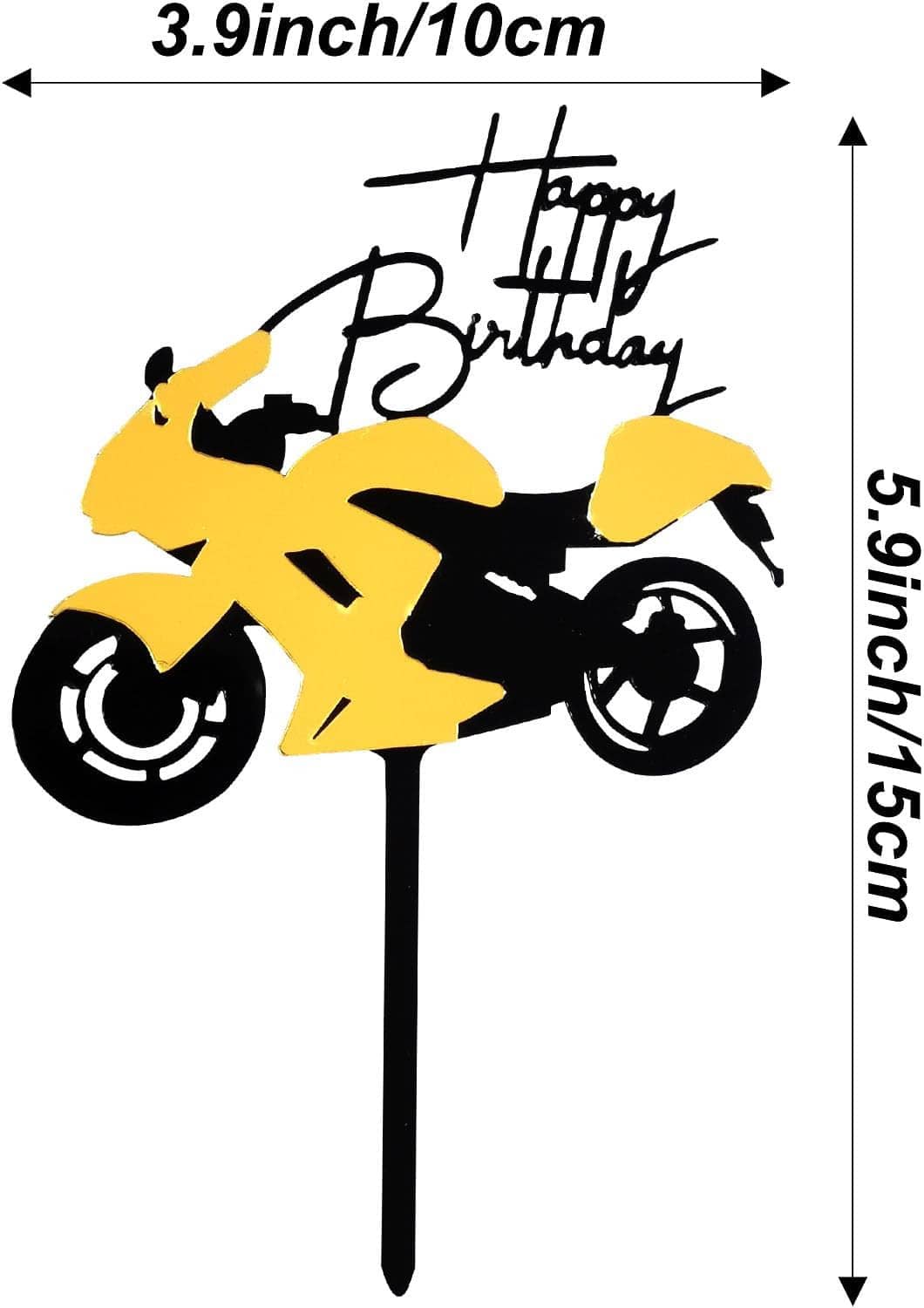 Motorcycle cake topper with 'Happy Birthday' text, black stick, yellow-and-black scooter