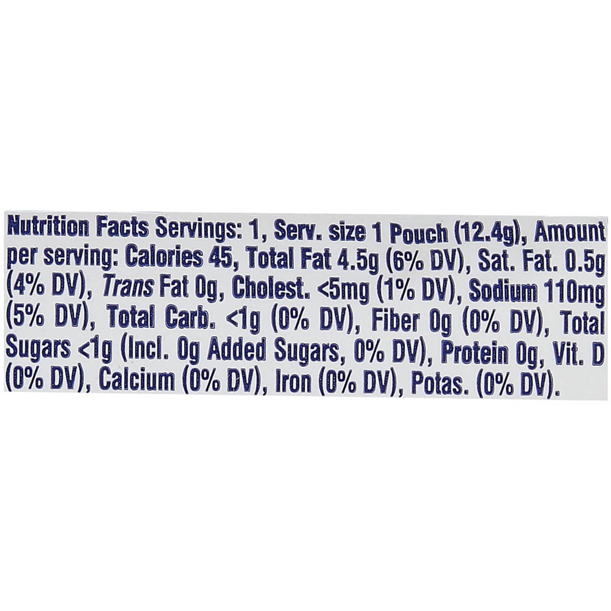 Nutrition Facts label for single-serve salad dressing pouch