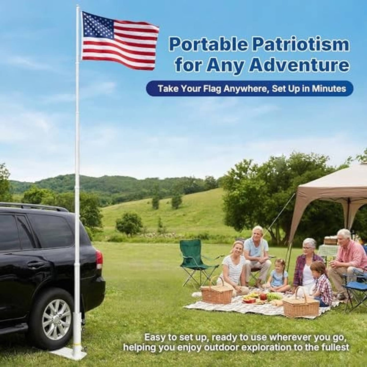 White portable flag pole mount with adjustable base stand for outdoor use