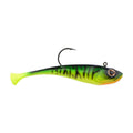 Soft plastic fishing bait in firetiger pattern with attached hook