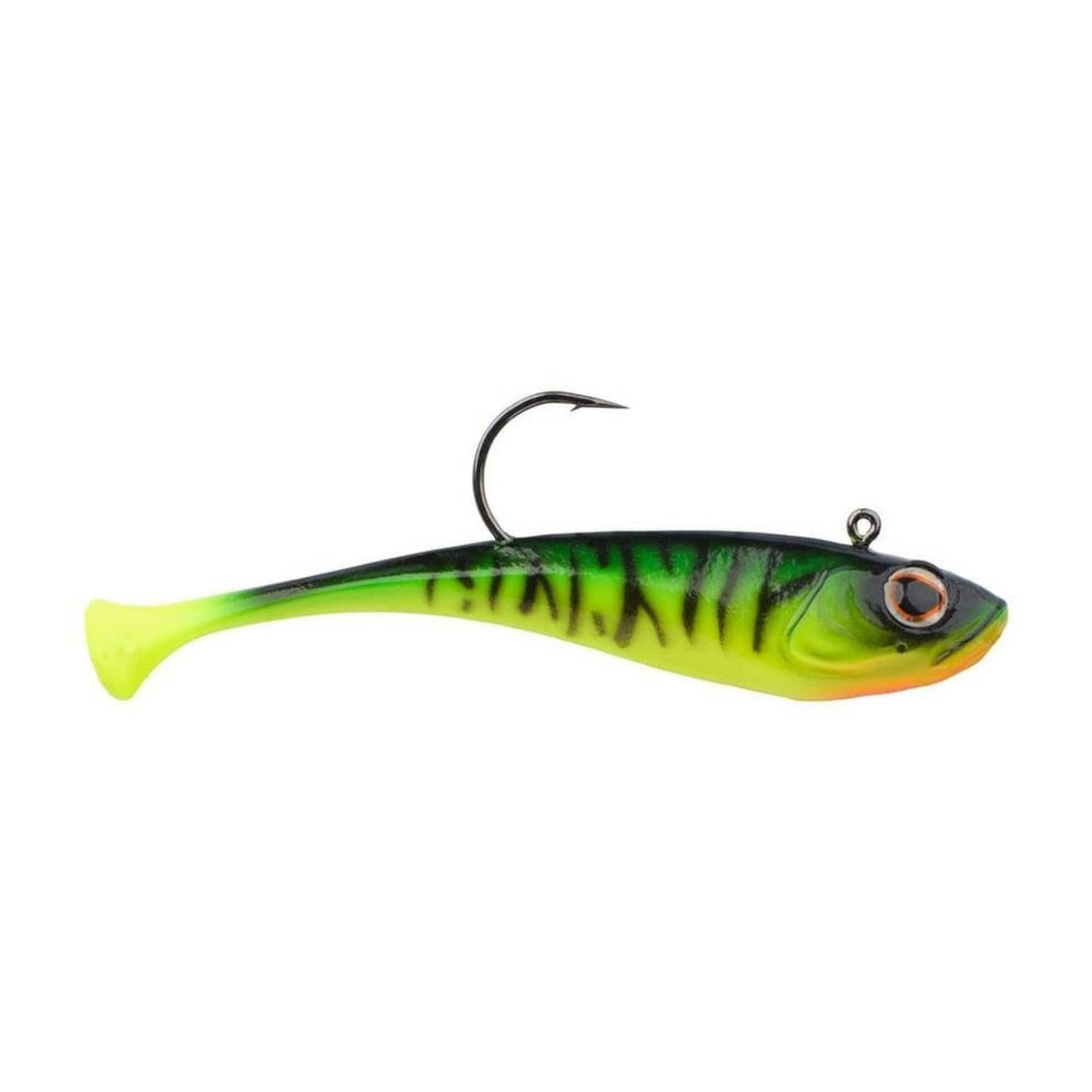 Soft plastic fishing bait in firetiger pattern with attached hook