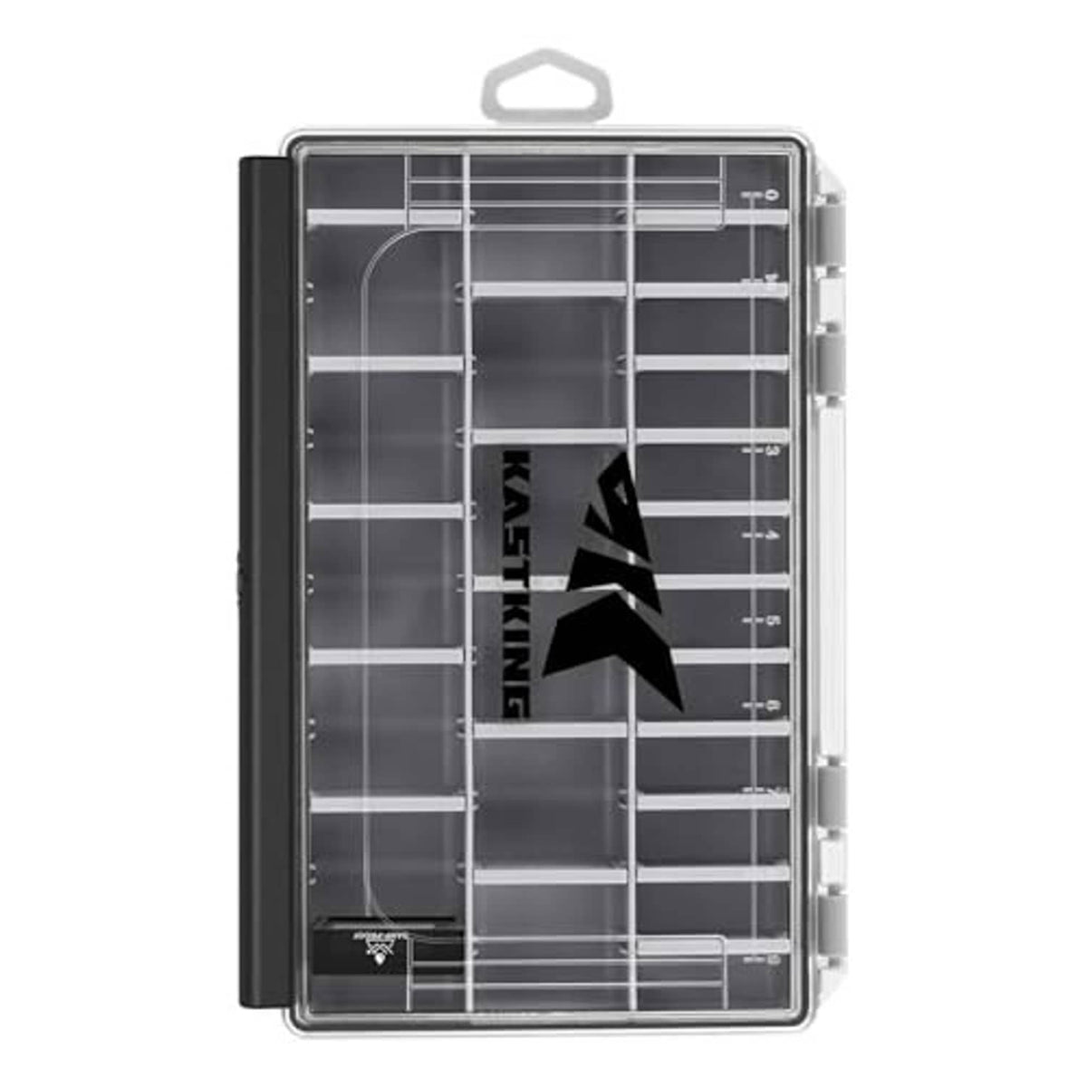 HyperSeal waterproof black tackle box with clear hinged lid and multiple storage compartments.