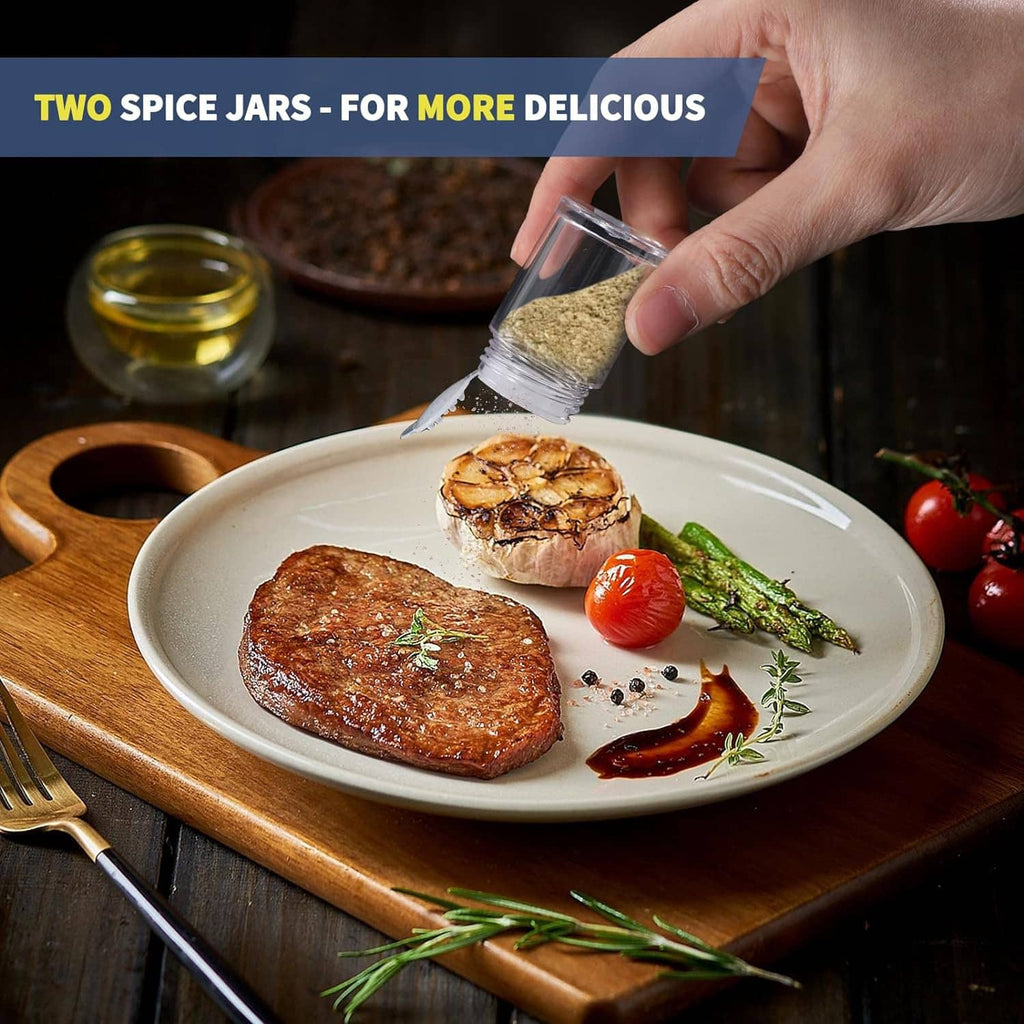 Travel utensils with two spice jars; hand brushes seasoning onto plated food.