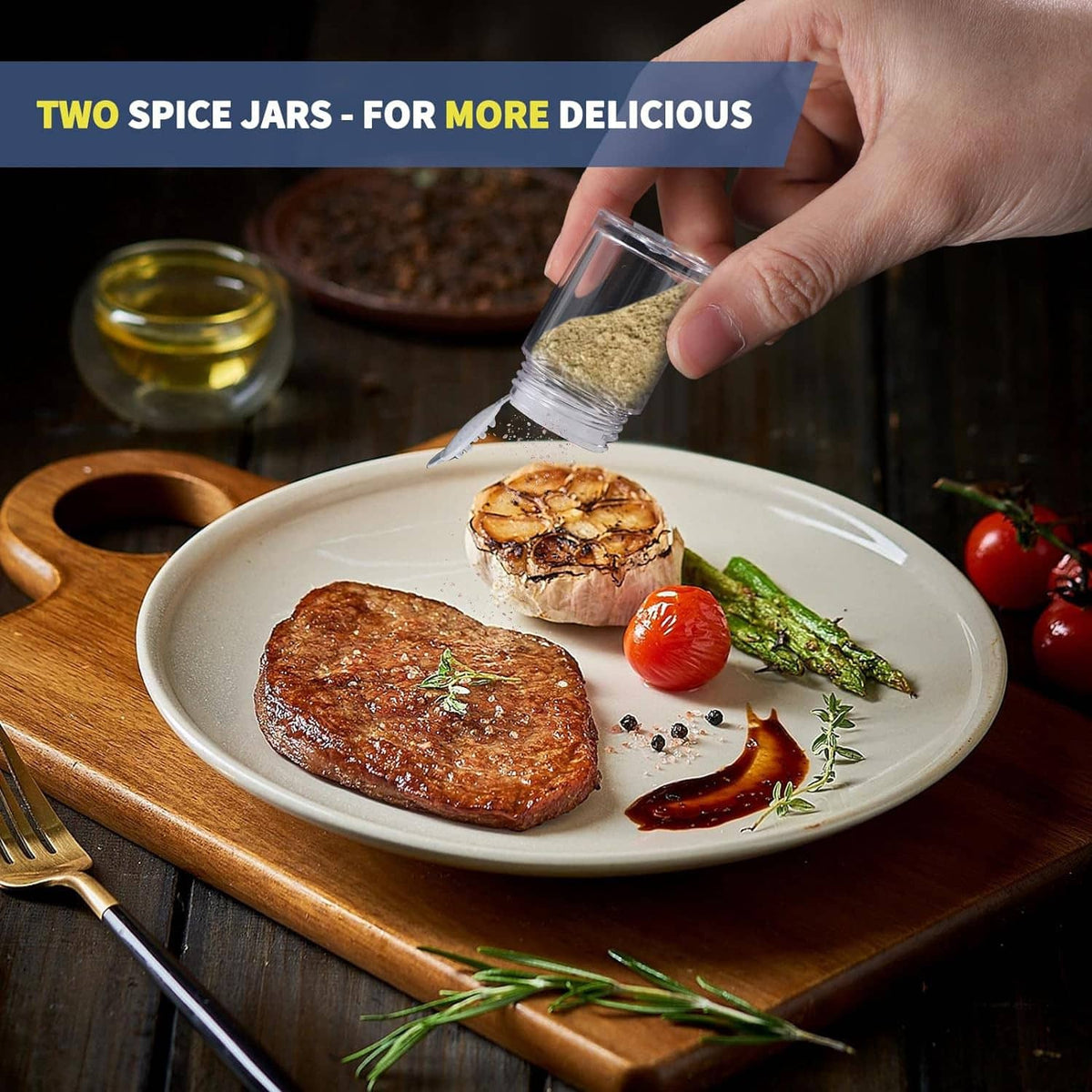 Travel utensils with two spice jars; hand brushes seasoning onto plated food.
