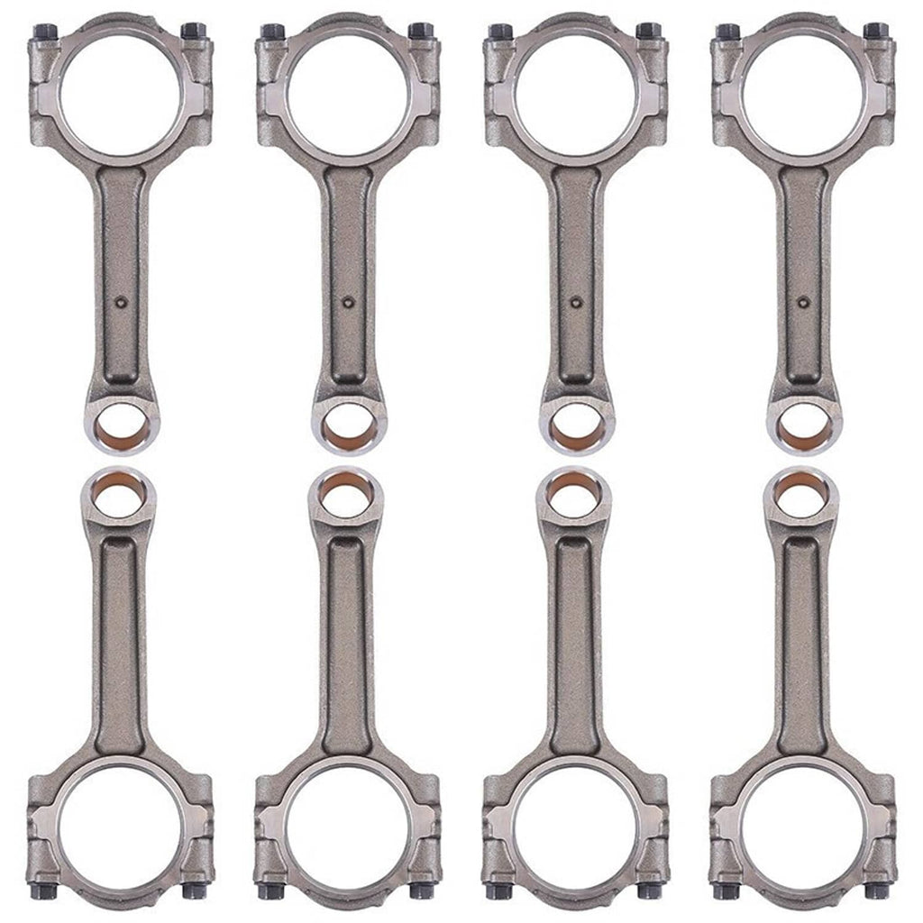 Set of 8 floating pin connecting rods front view with circular bearings and caps