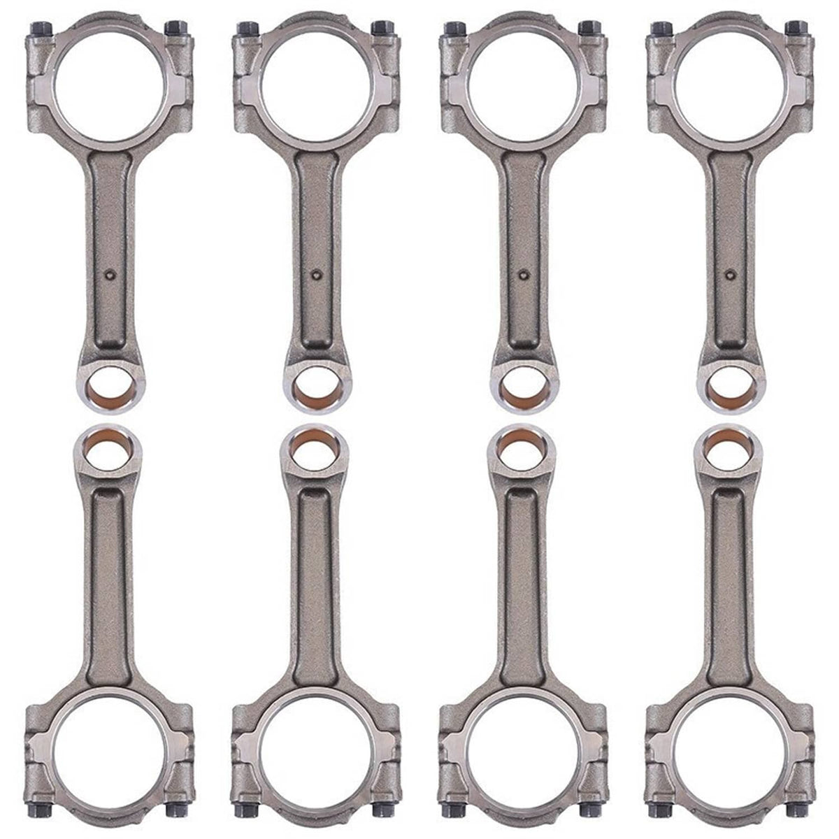 Set of 8 floating pin connecting rods front view with circular bearings and caps