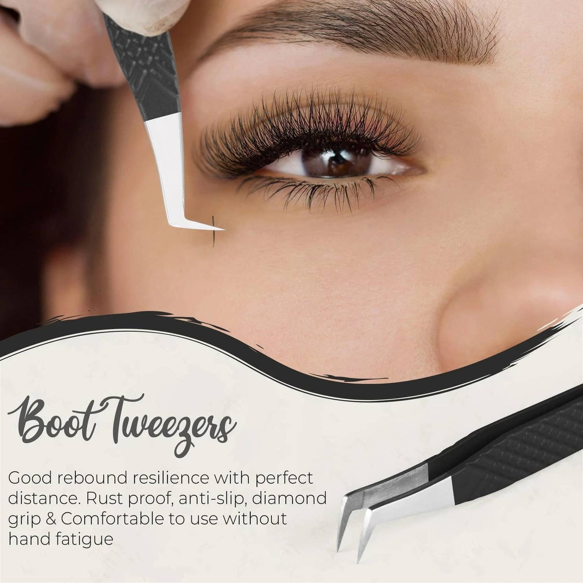 Angled black lash extension tweezers with curved fiber tip for picking lashes