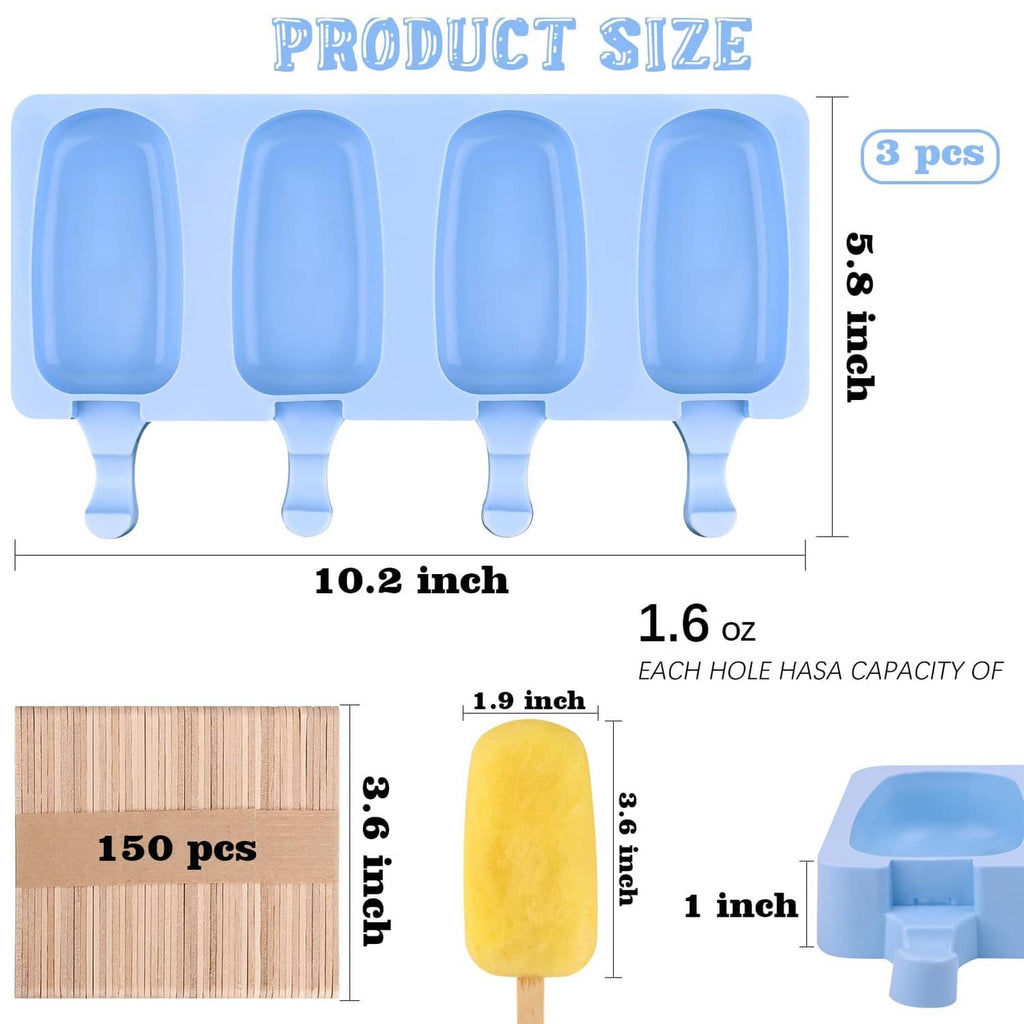 Blue silicone popsicle mold with four oval cavities and built-in handles, 3-piece set