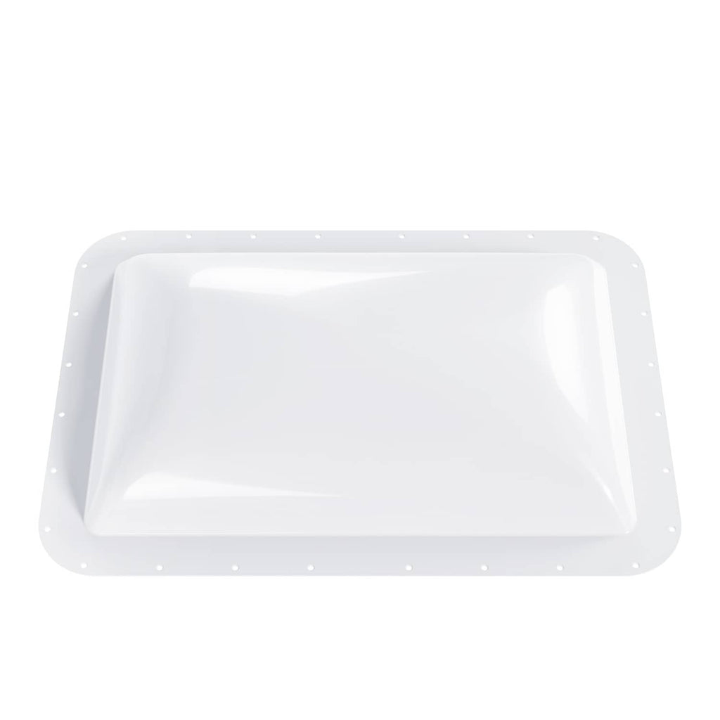 White RV skylight cover with domed top and evenly spaced mounting holes on frame