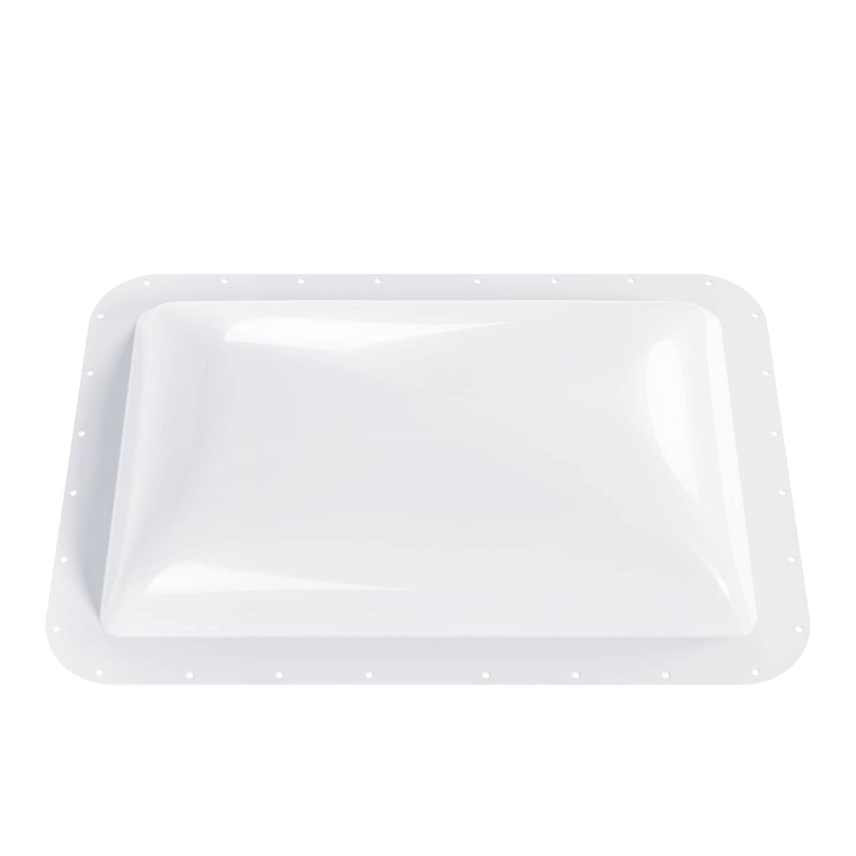 White RV skylight cover with domed top and evenly spaced mounting holes on frame