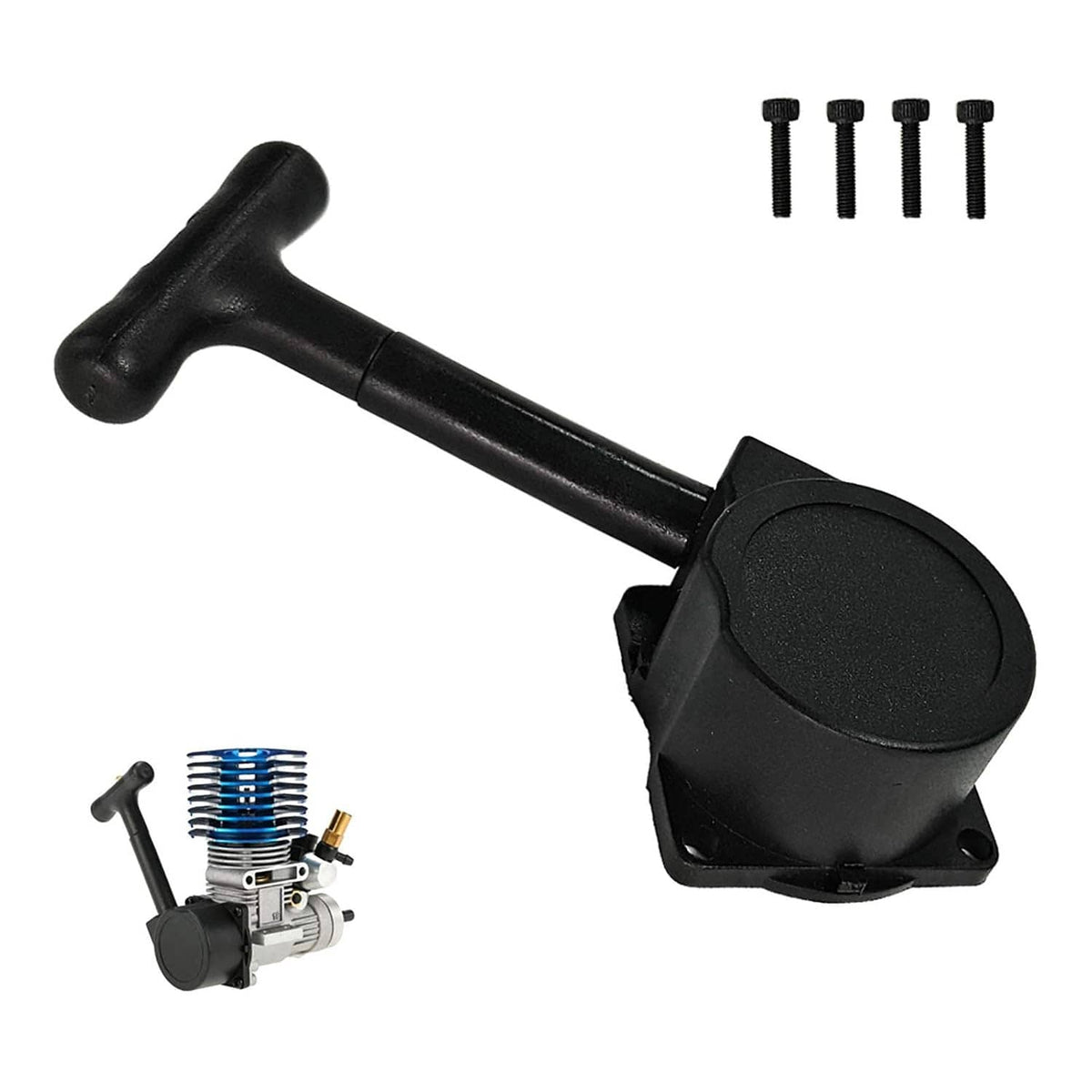 RC recoil pull starter with black pull handle, base, and four mounting screws
