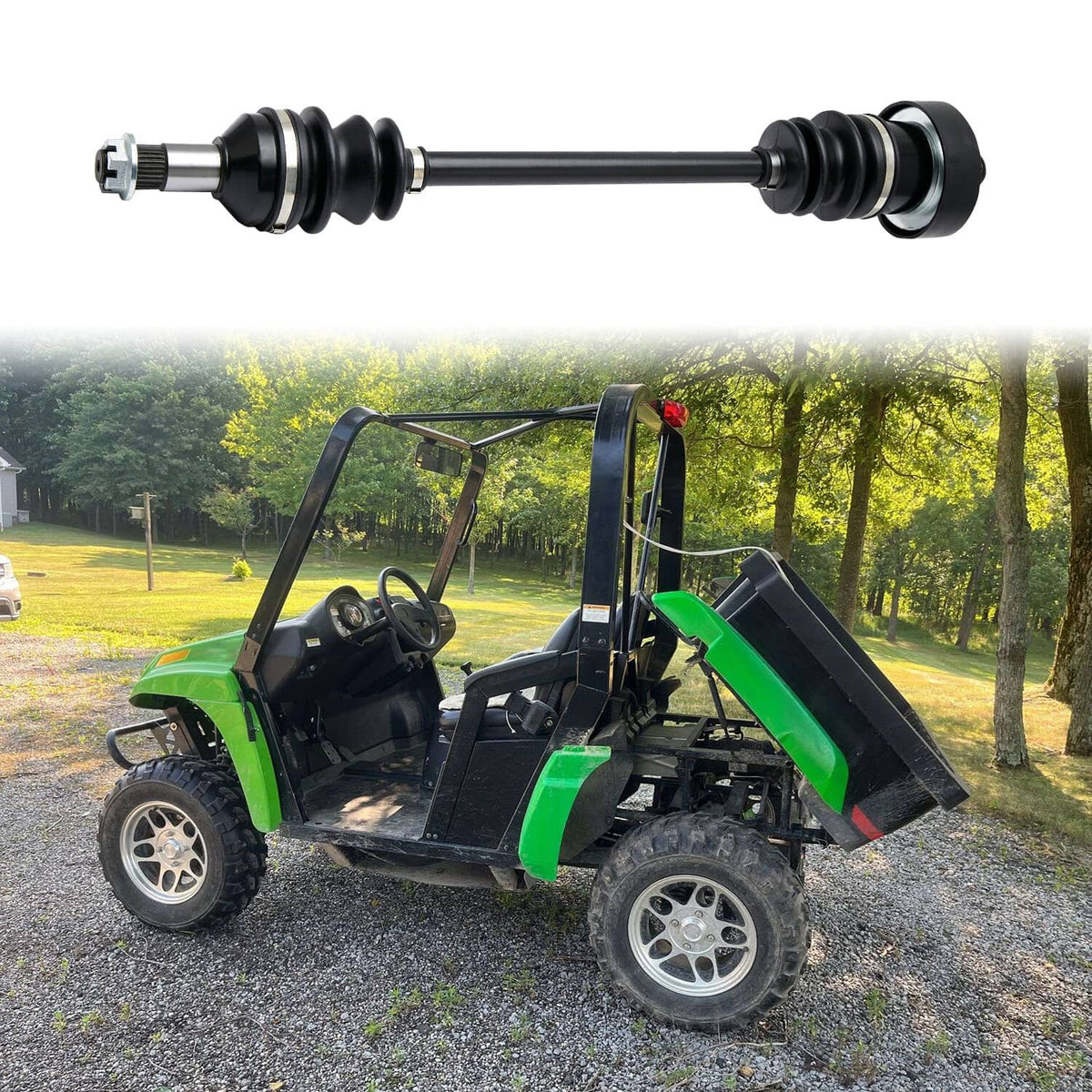 Rear CV joint axle shaft with black boots and metal splined ends