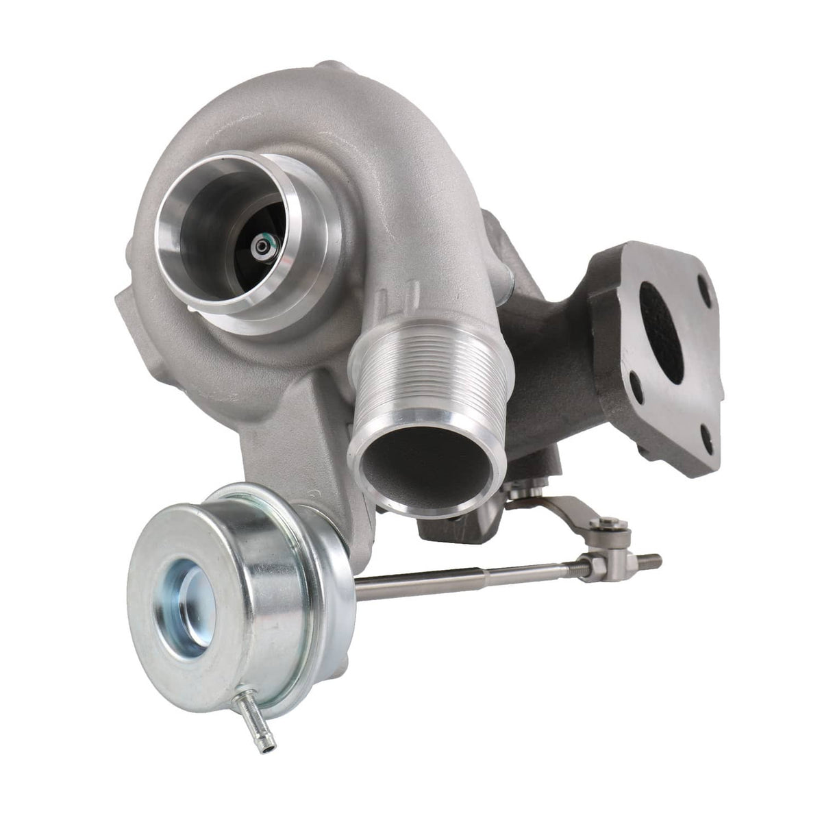 Left turbocharger with compressor housing, inlet bell, and side mounting bracket