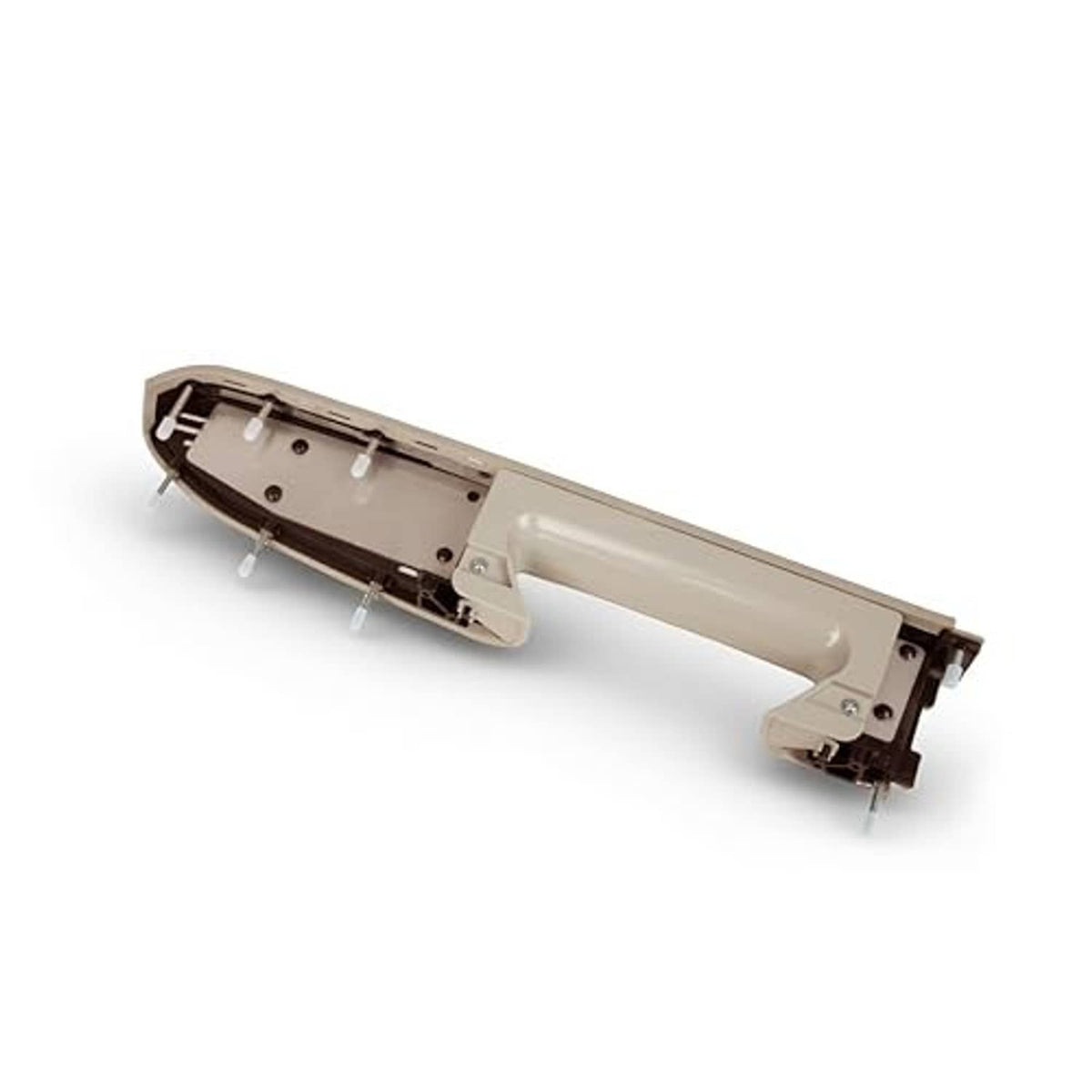 Beige armrest cover inside frame with brackets and mounting clips