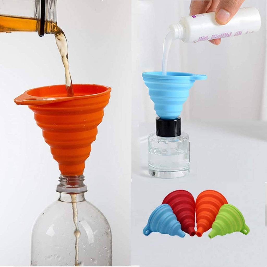 Foldable silicone kitchen funnel set used for pouring: orange and blue funnels plus stacked colors