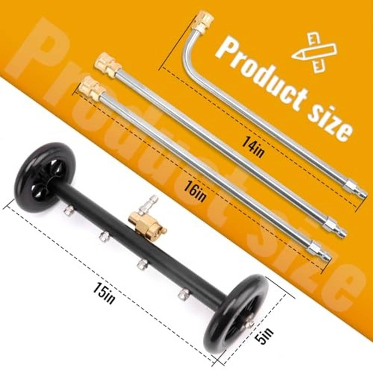Undercarriage pressure washer attachment with three extension rods and brass quick-connect parts