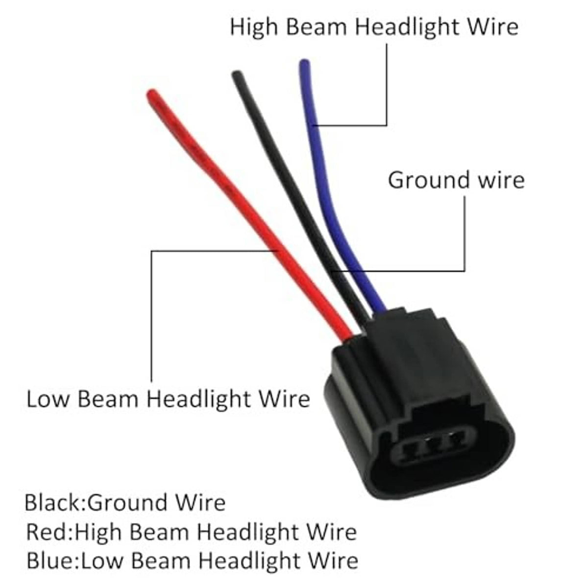 Headlight wiring socket converter with labeled low- and high-beam leads in red, blue, black
