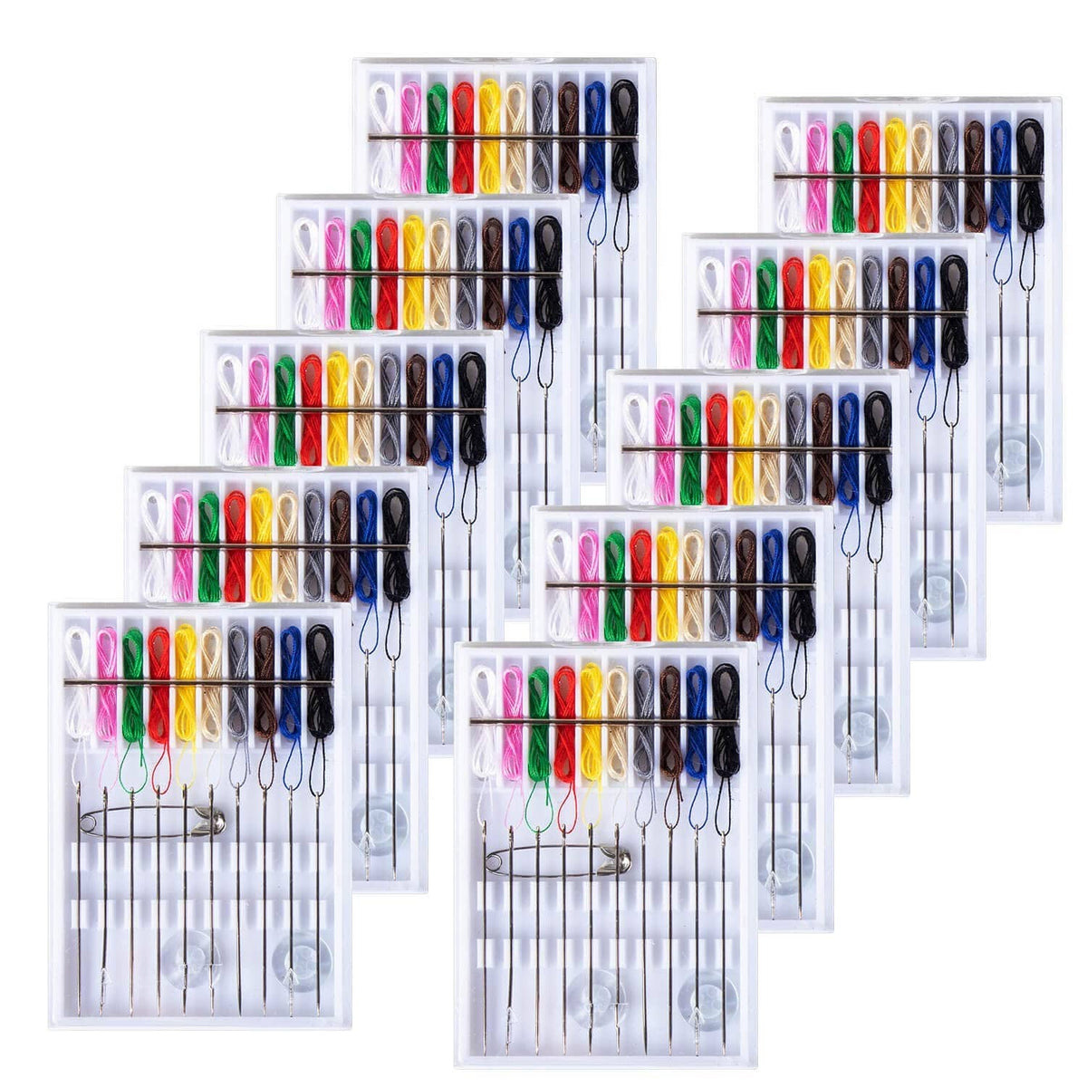 Pre-threaded sewing quick-fix kit with 10 organizer boxes and multicolor thread spools