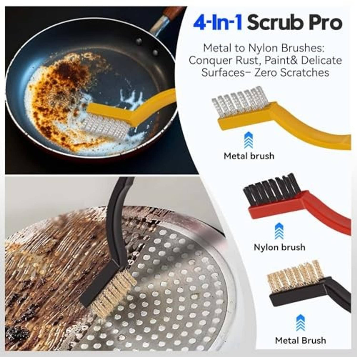 4-in-1 scrub pro brush set with metal, nylon, and brass bristle heads