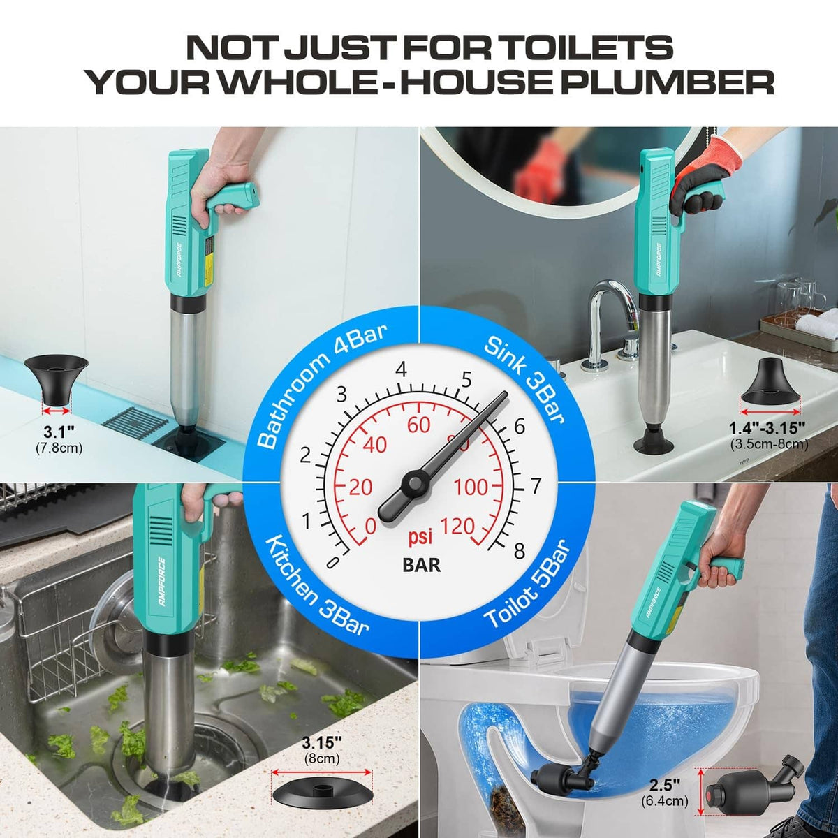 Mint green electric plunger used on sink and toilet with pressure gauge overlay