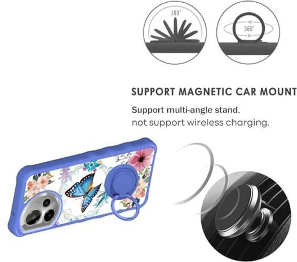Blue floral butterfly phone case with circular ring holder for multi-angle car mounting