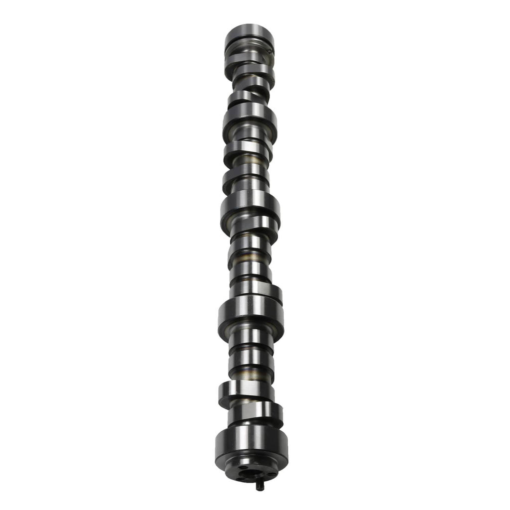 Steel camshaft with stepped lobes and central oiling details, rear flange end