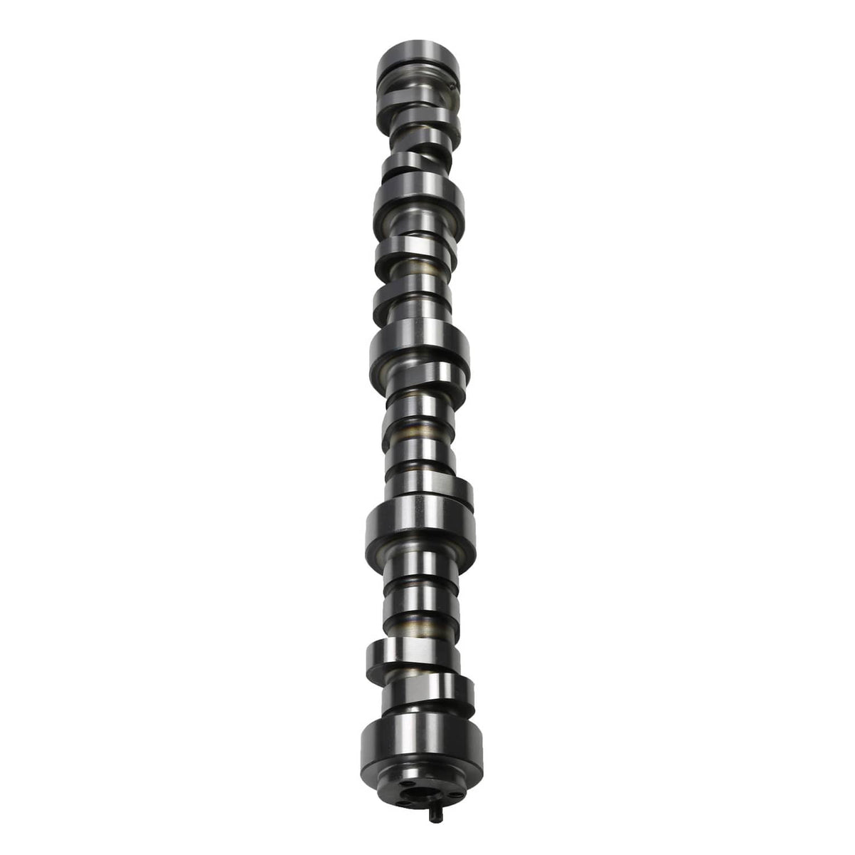 Steel camshaft with stepped lobes and central oiling details, rear flange end