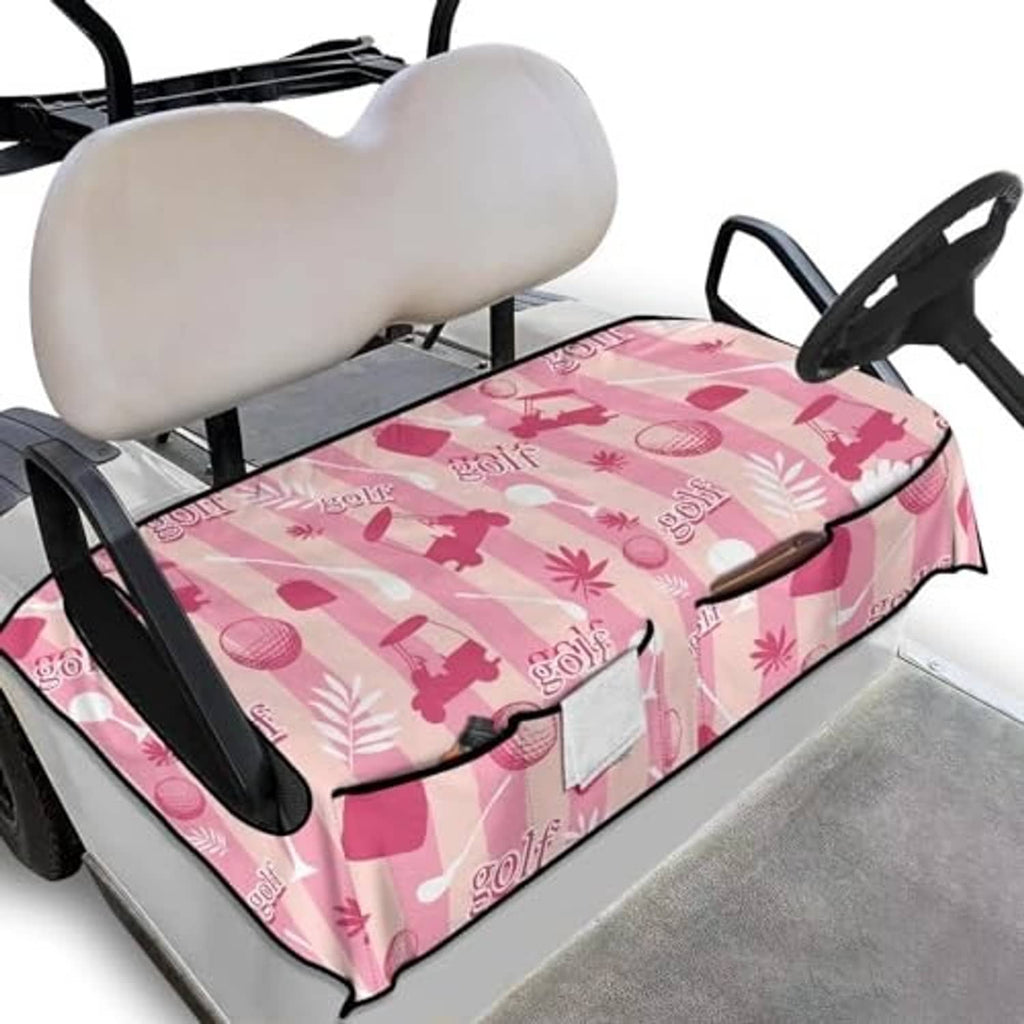 Pink golf-themed seat cover towel for golf cart bench with black edge trim and front cushion