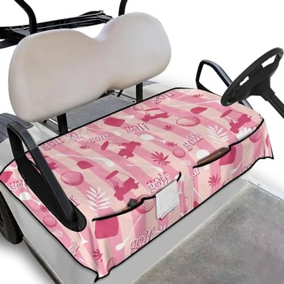 Pink golf-themed seat cover towel for golf cart bench with black edge trim and front cushion