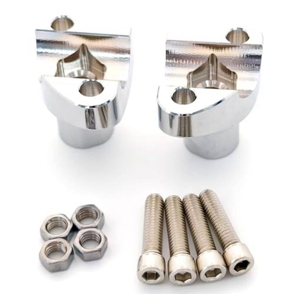 Chrome motorcycle risers with hardware: nuts, washers, and long mounting bolts