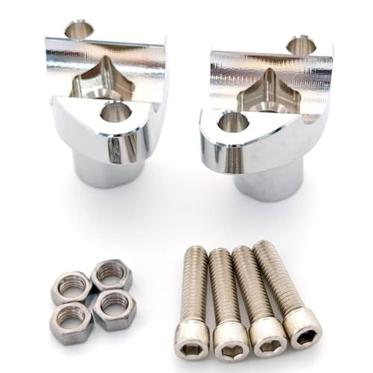 Chrome motorcycle risers with hardware: nuts, washers, and long mounting bolts