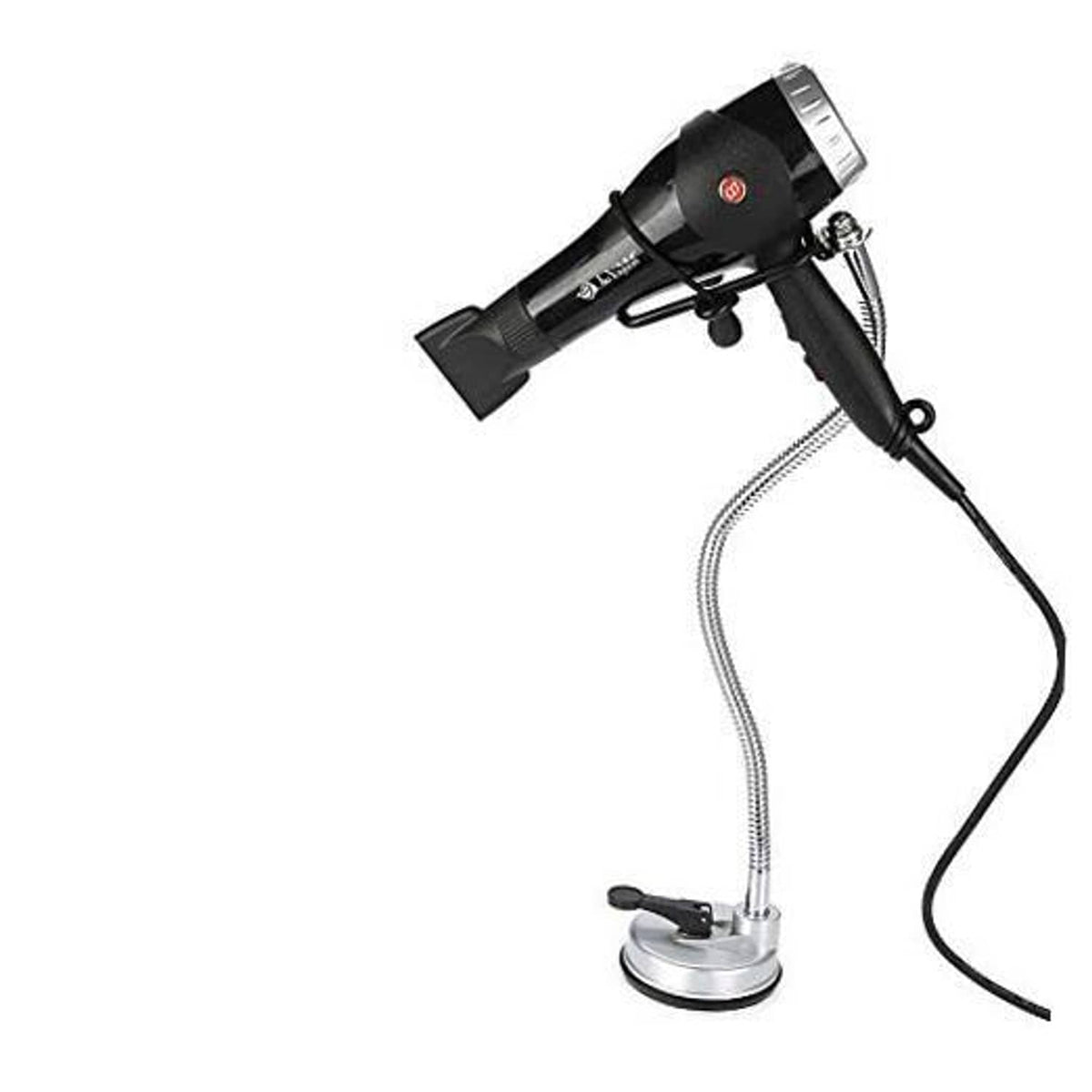 Hands-free hair dryer holder with black dryer on silver suction cup and coiled tube