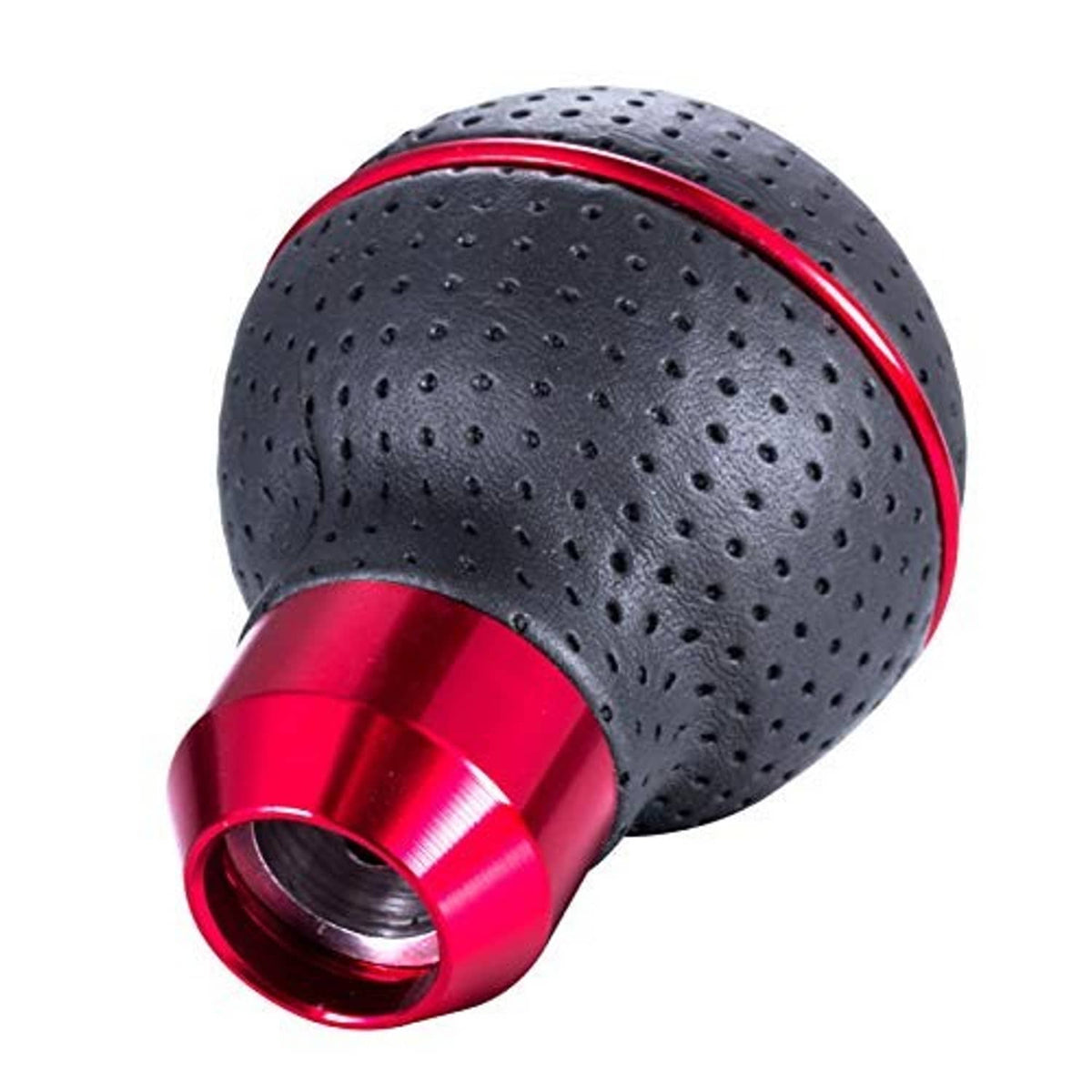 Close-up of perforated black leather shift knob with red metal base and dial