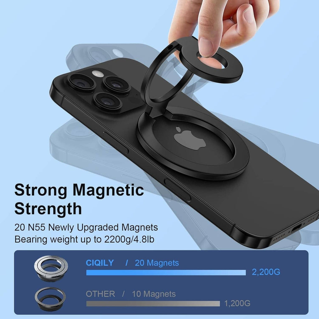 Black magnetic phone ring holder with finger ring lifted by a hand