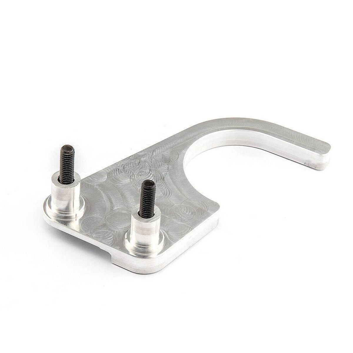 Metal timing chain guide bracket with two threaded posts and U-shaped cutout.