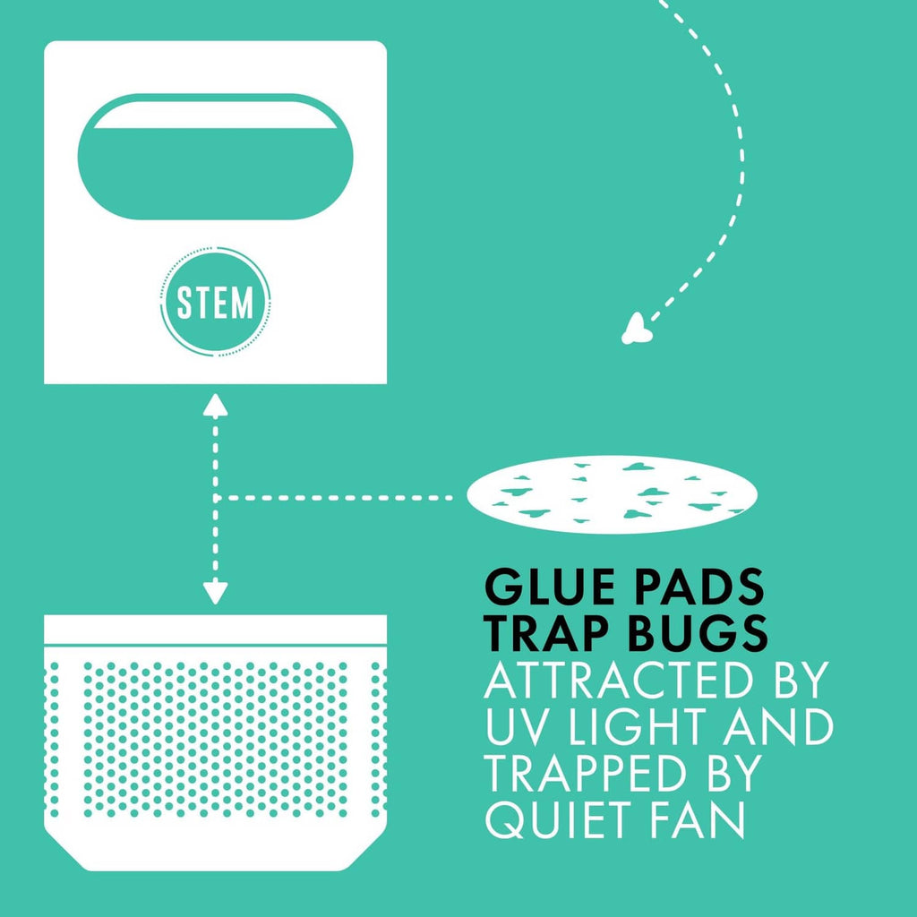 Teal packaging diagram for flying insect fan trap showing glue pads refill steps