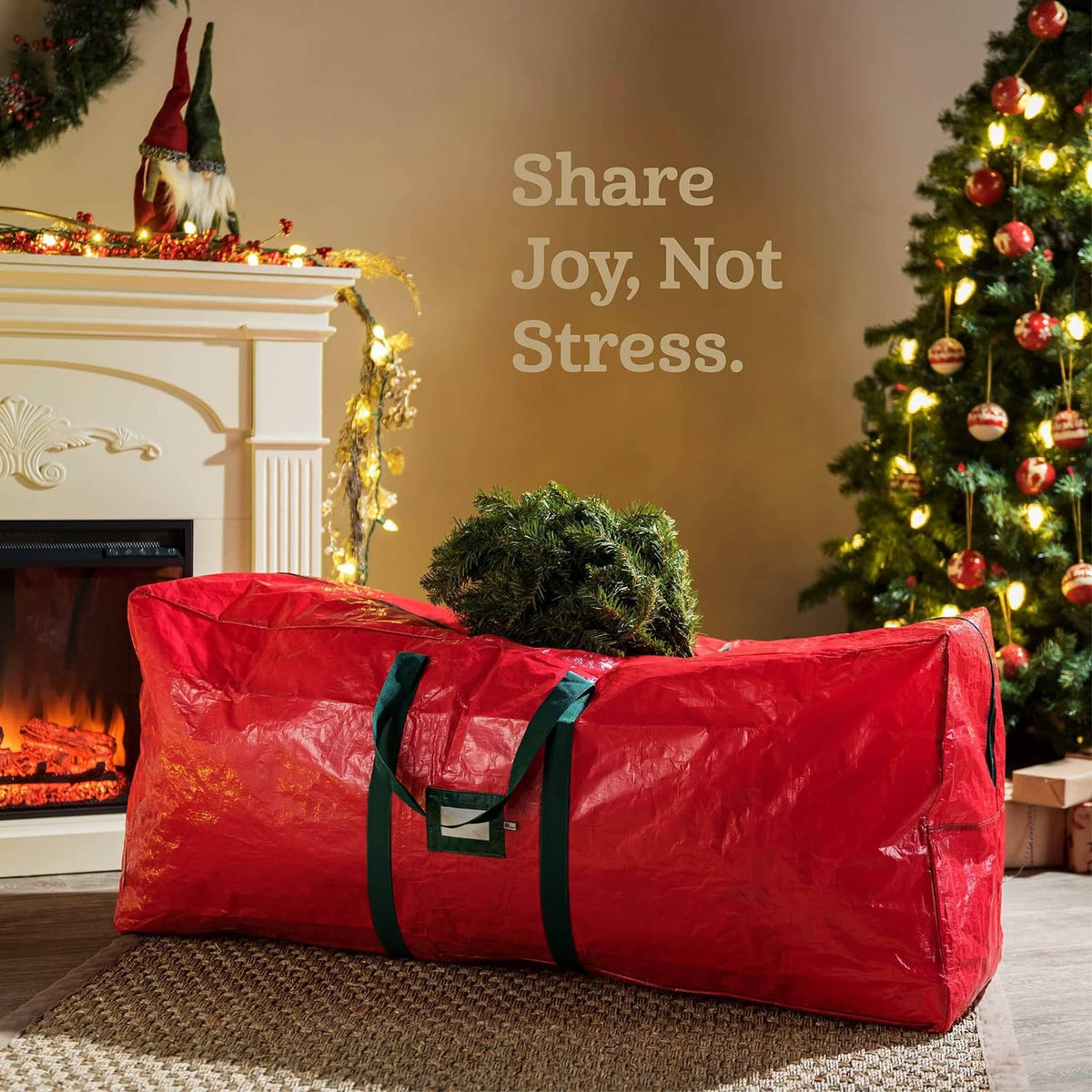 Red tree storage bag with green straps, holding artificial tree branches inside.