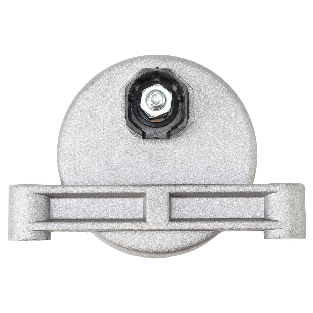 Starter motor assembly end plate with central hex bolt and protective housing