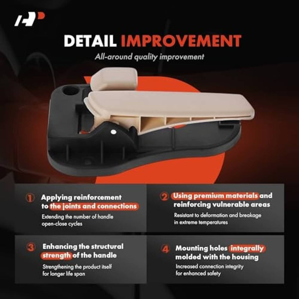 Interior door handle assembly detail with beige latch and black housing components