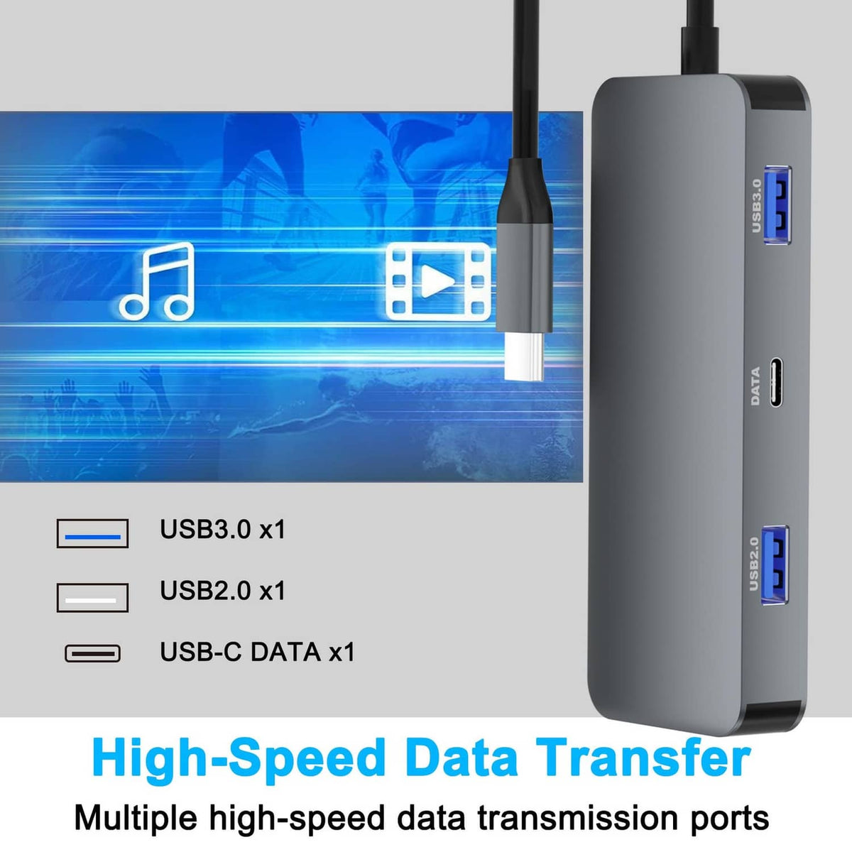Gray USB-C dock with USB and USB-C data ports for high-speed data transfer