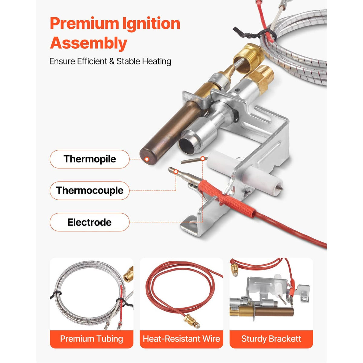 Gas pilot ignition assembly with thermocouple/thermopile leads and metal mounting bracket