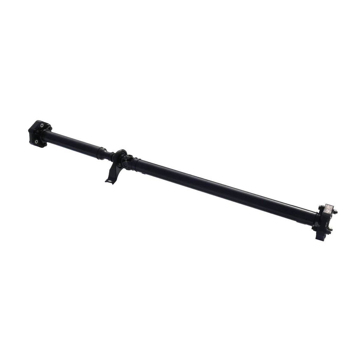 Black drive prop shaft with center support and end mounting brackets, diagonal view